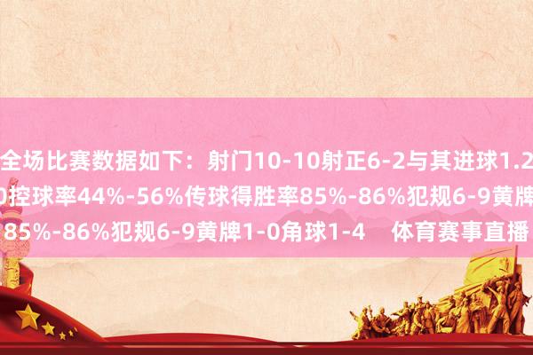 全场比赛数据如下：射门10-10射正6-2与其进球1.28-0.91进球契机3-0控球率44%-56%传球得胜率85%-86%犯规6-9黄牌1-0角球1-4    体育赛事直播